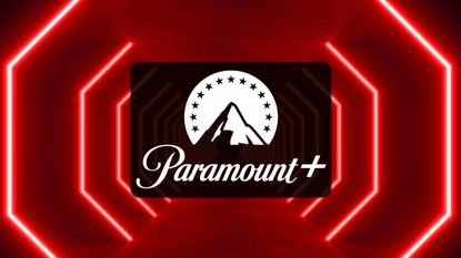 Paramount+ logo on a red light background