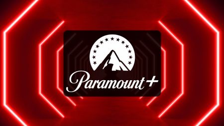 Paramount+ logo on a red light background