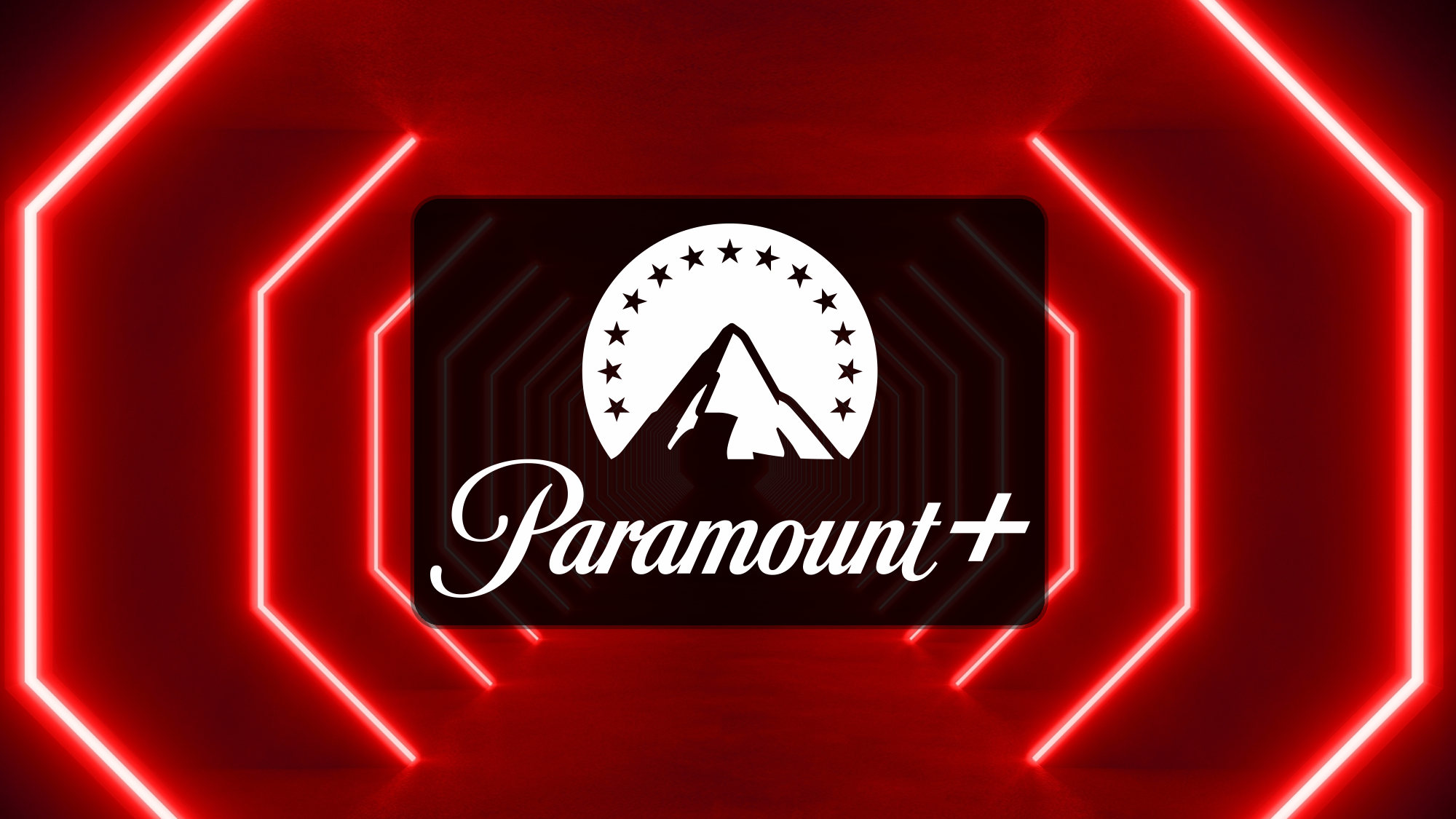 Paramount+ logo on a red light background