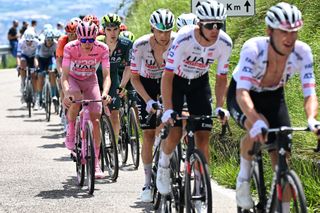 Tadej Pogačar follows his UAE Team Emirates teammates during the Giro d'Italia 
