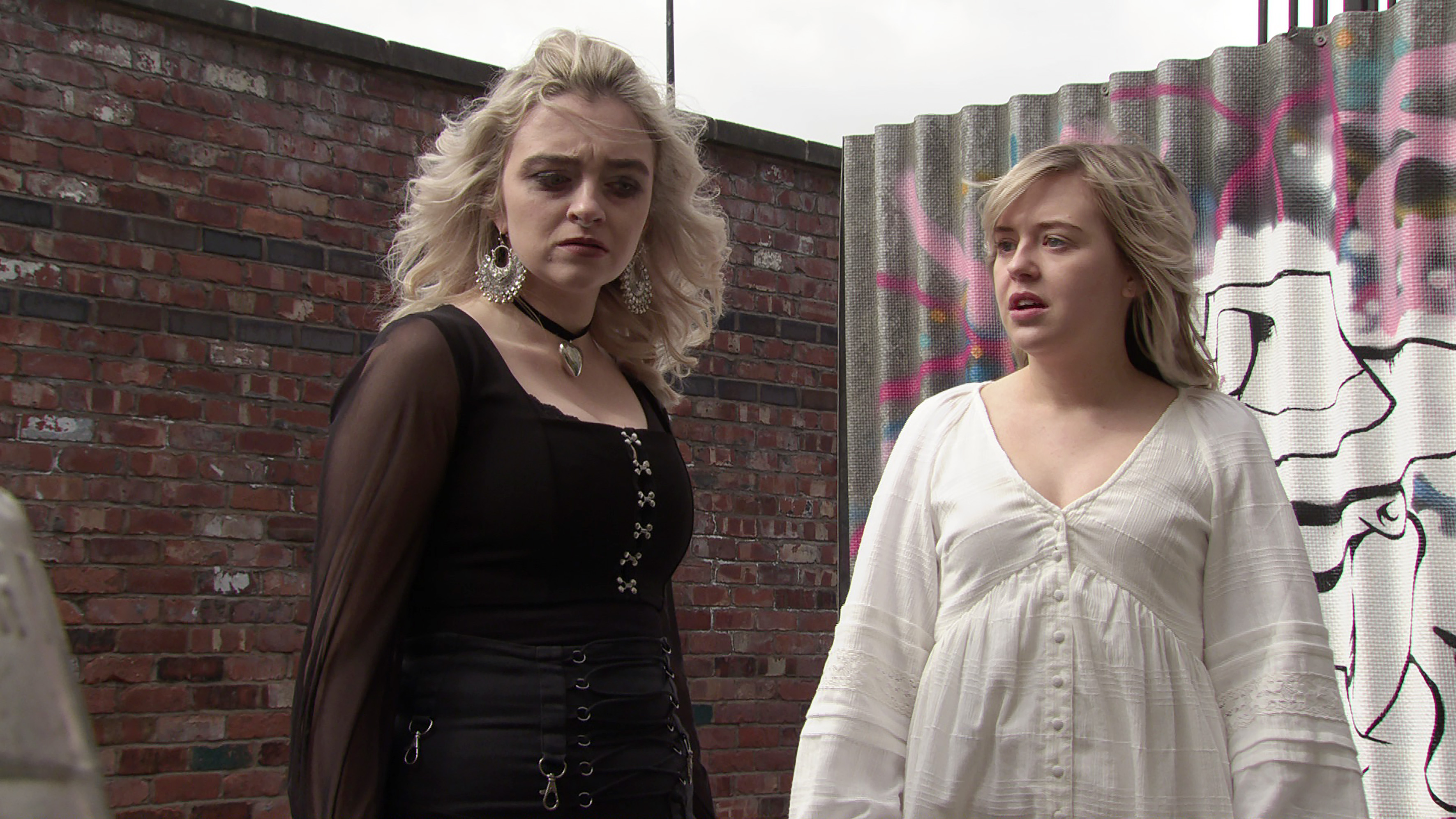 Nina and Summer look guilty in their party clothes from the night before.