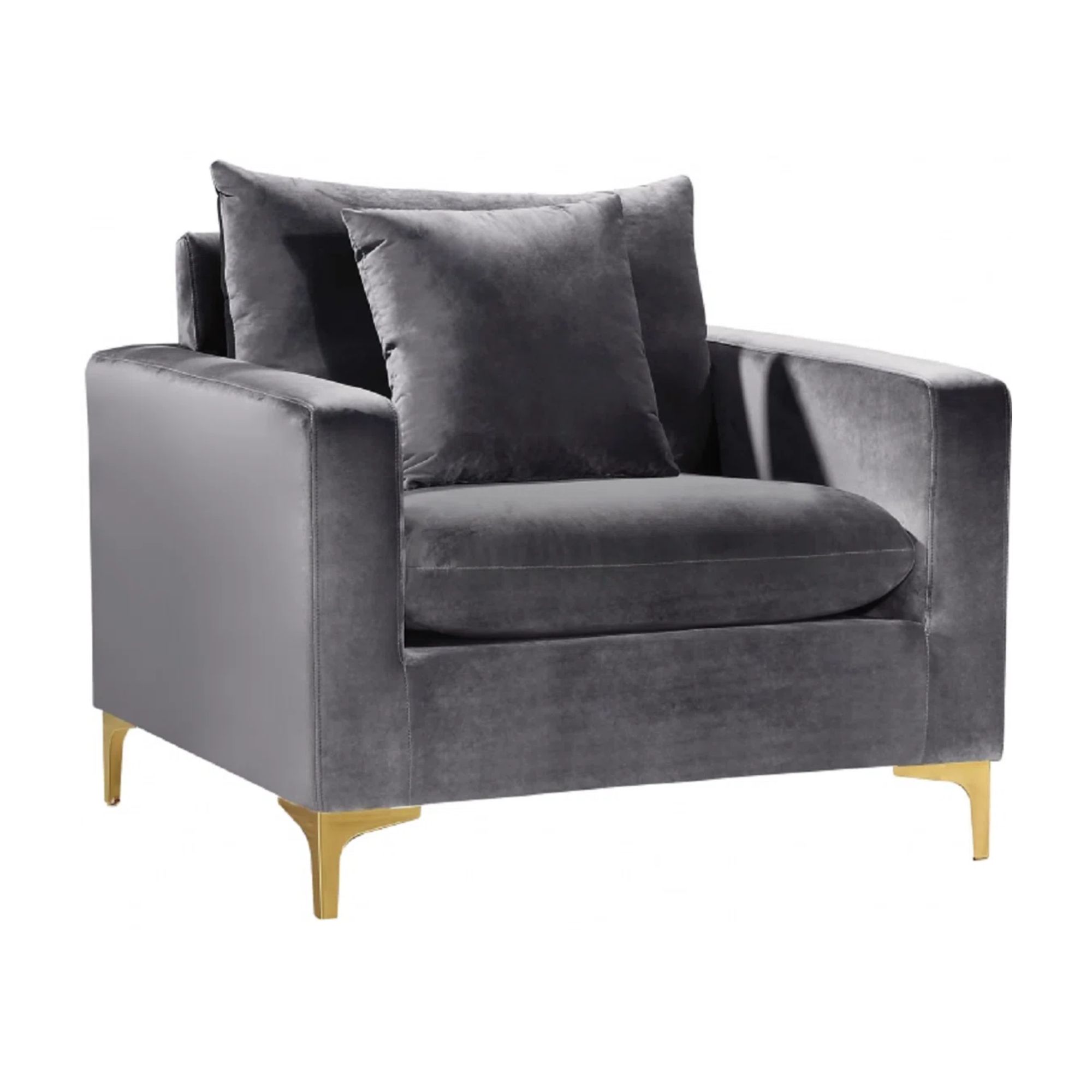 Gray velvet armchair with gold legs