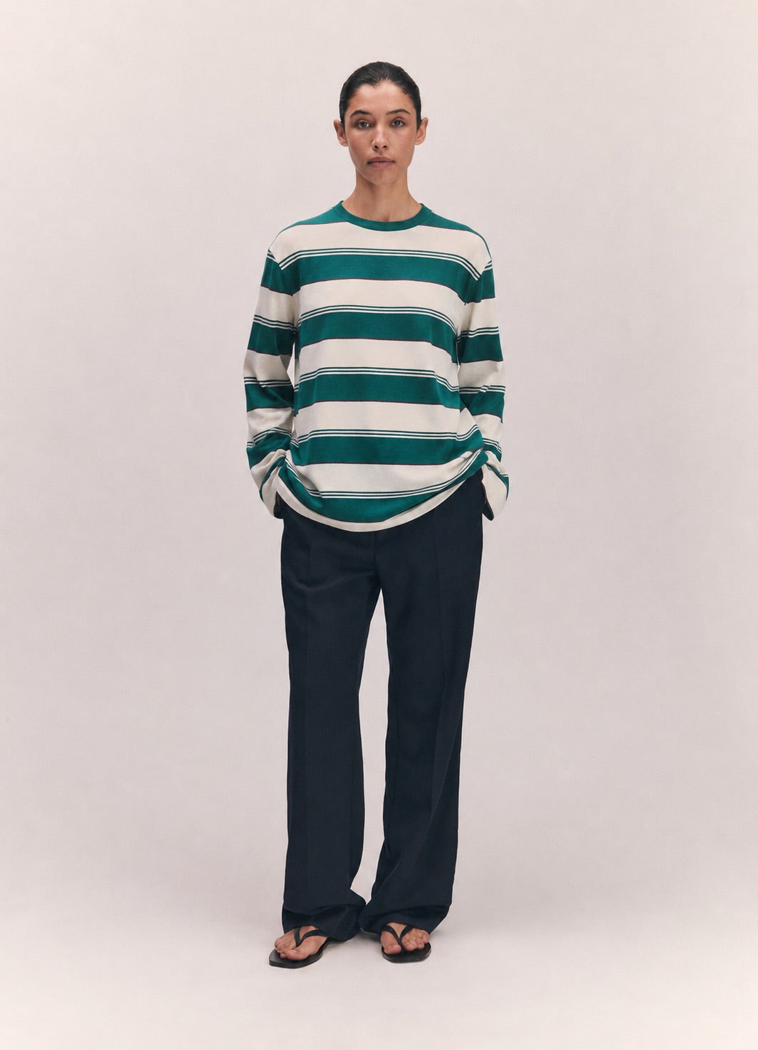 Long Sleeve Slouchy T-Knit in Green Stripe