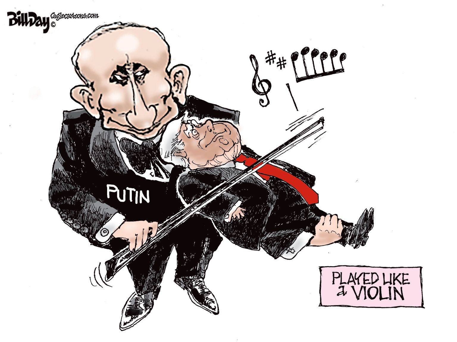 
                                This political cartoon is titled "Played Like a Violin." Vladimir Putin is dressed in a tuxedo and holds a violin bow. Instead of an instrument, he holds a small version of a smiling Donald Trump and draws his bow across Trump's chest. 
                            