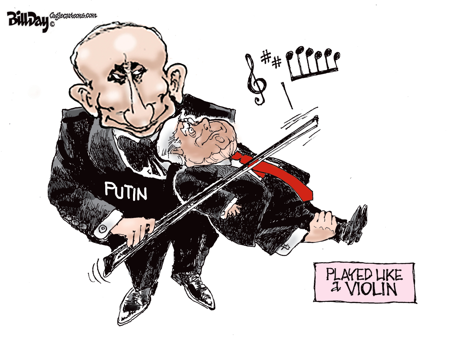 This political cartoon is titled &amp;quot;Played Like a Violin.&amp;quot; Vladimir Putin is dressed in a tuxedo and holds a violin bow. Instead of an instrument, he holds a small version of a smiling Donald Trump and draws his bow across Trump's chest.
