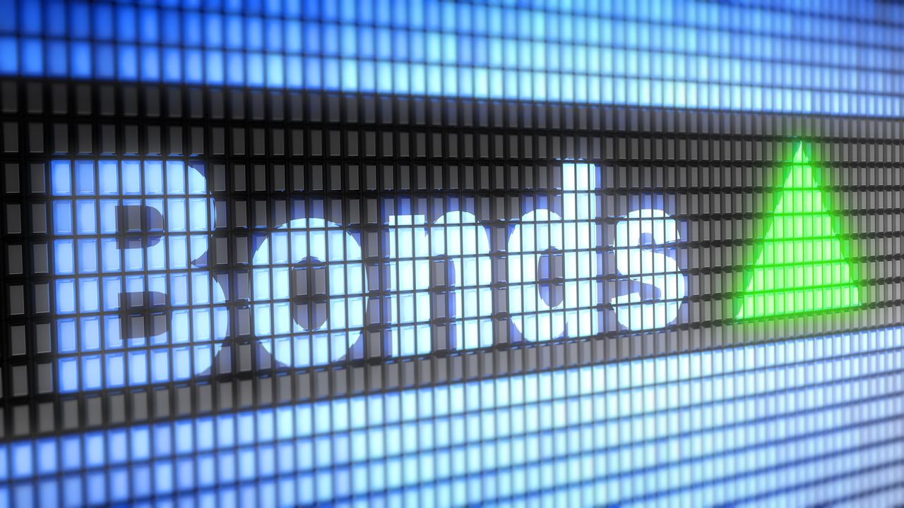 The word bonds on a digital screen with a green triangle next to the word.