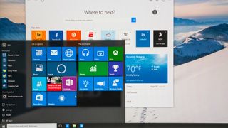 A close up of the Windows 10 home screen