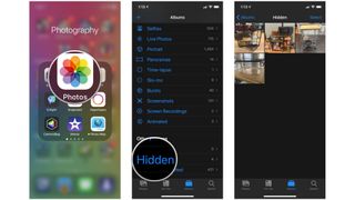 View hidden photos and video on iPhone and iPad by showing steps: Launch Photos, scroll down, tap the Hidden album