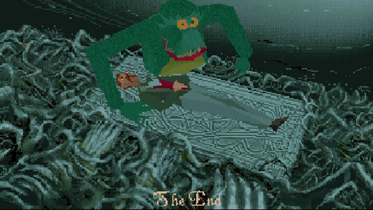An ending in Alone in the Dark 1992, showing Edward Carnby on an altar with a big sea monster