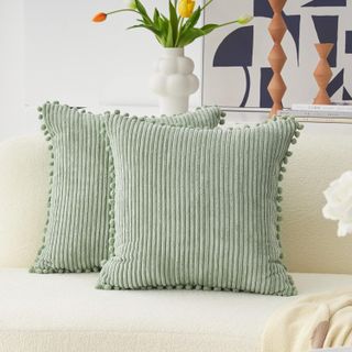 Home Brilliant Pom-Poms Cushion Cover Set of 2 Soft Corduroy Cushions Decorative Sage Green Cushion Covers for Sofa Bed, 45x45 Cm, 18 Inches, Sage Green