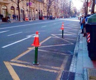 The metal poles in the finishing straight of stage one of the Tour of the Basque Country