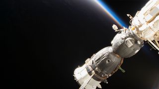 Russia's Soyuz MS-09 crew spacecraft is pictured docked to the International Space Station's Rassvet module. On Aug. 30, 2018, the ISS crew located and fixed a small leak in the Soyuz's spherical upper orbital module.