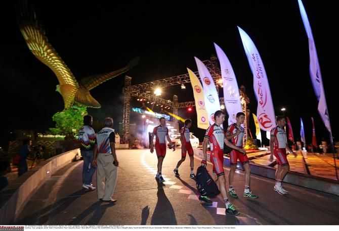 The Katusha team marches to the Tour de Langkawi team presentation