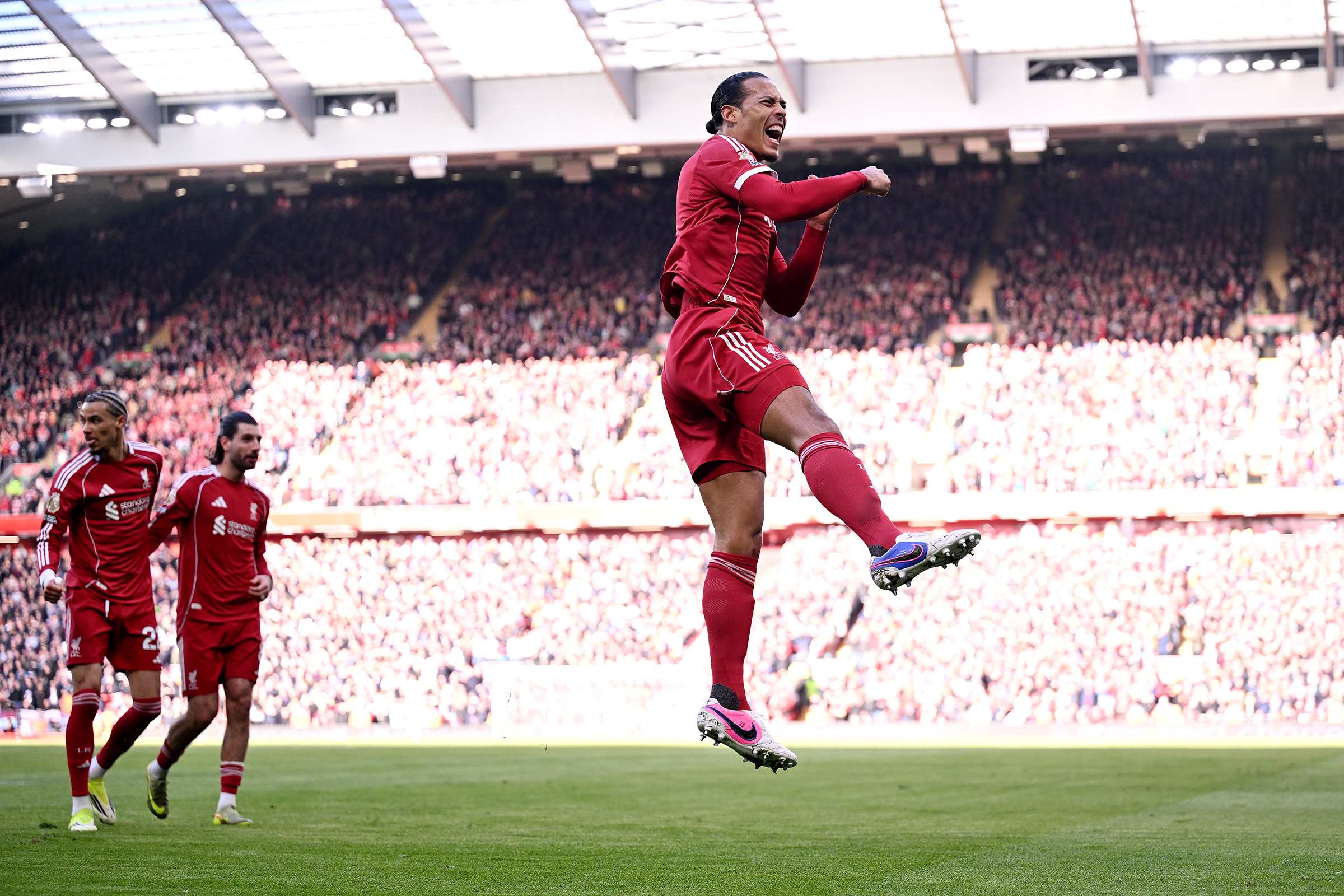 Virgil van Dijk of Liverpool celebrates scoring his team's second goal during the Premier League match between Liverpool and West Ham United at Anfield on February 28, 2026 in Liverpool, England.