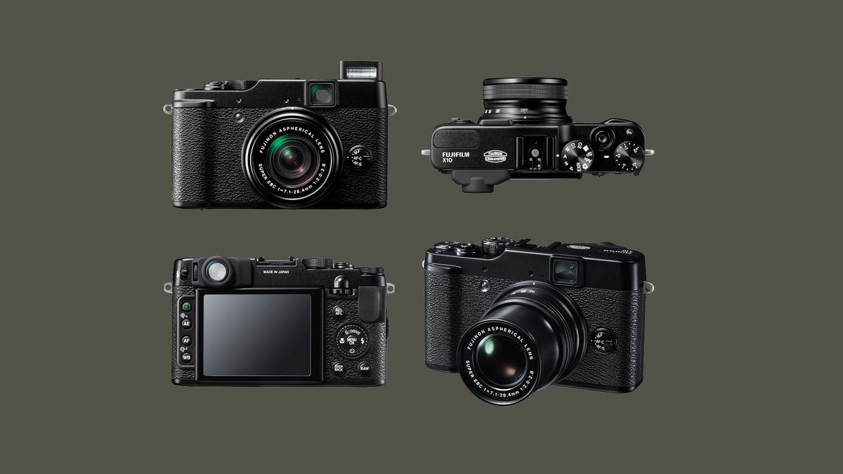 The Fujifilm X10 from four different angles on a gray-green background