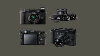 The Fujifilm X10 from four different angles on a gray-green background