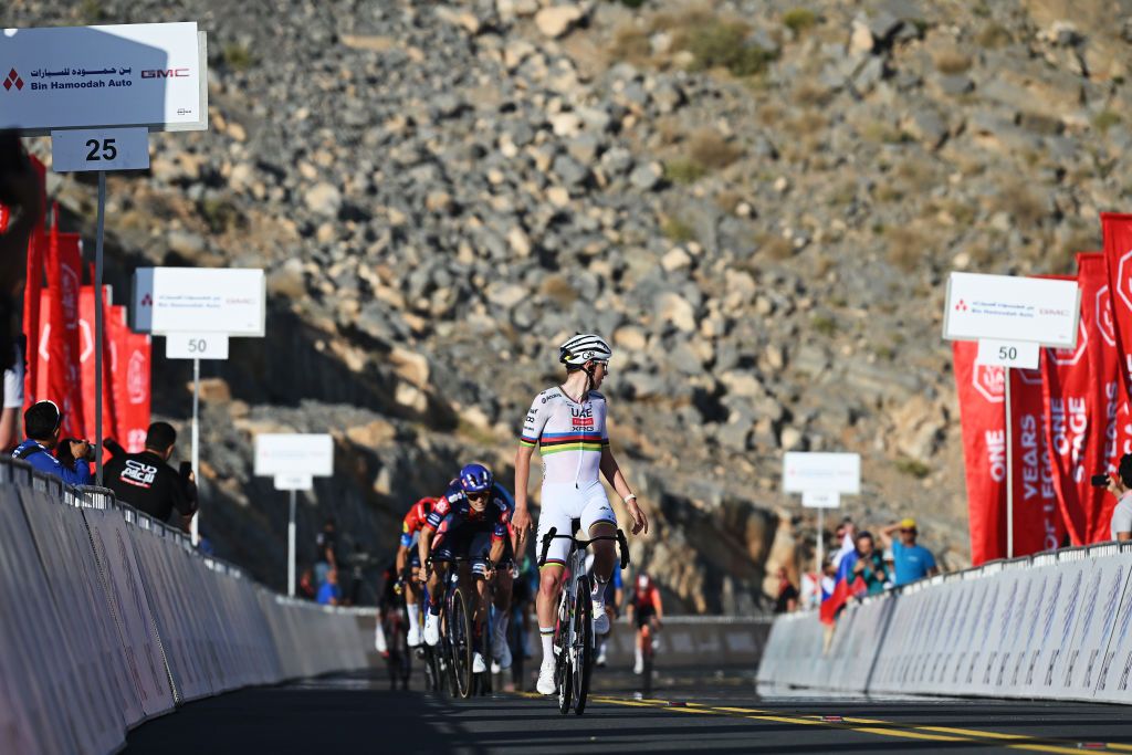 JEBEL JAIS UNITED ARAB EMIRATES FEBRUARY 19 Tadej Pogacar of Slovenia and UAE Team Emirates celebrates at finish line as stage winner during the 7th UAE Tour 2025 Stage 3 a 181km stage from Ras al Khaimah to Jebel Jais 1490m UCIWWT on February 19 2025 in Jebel Jais United Arab Emirates Photo by Dario BelingheriGetty Images