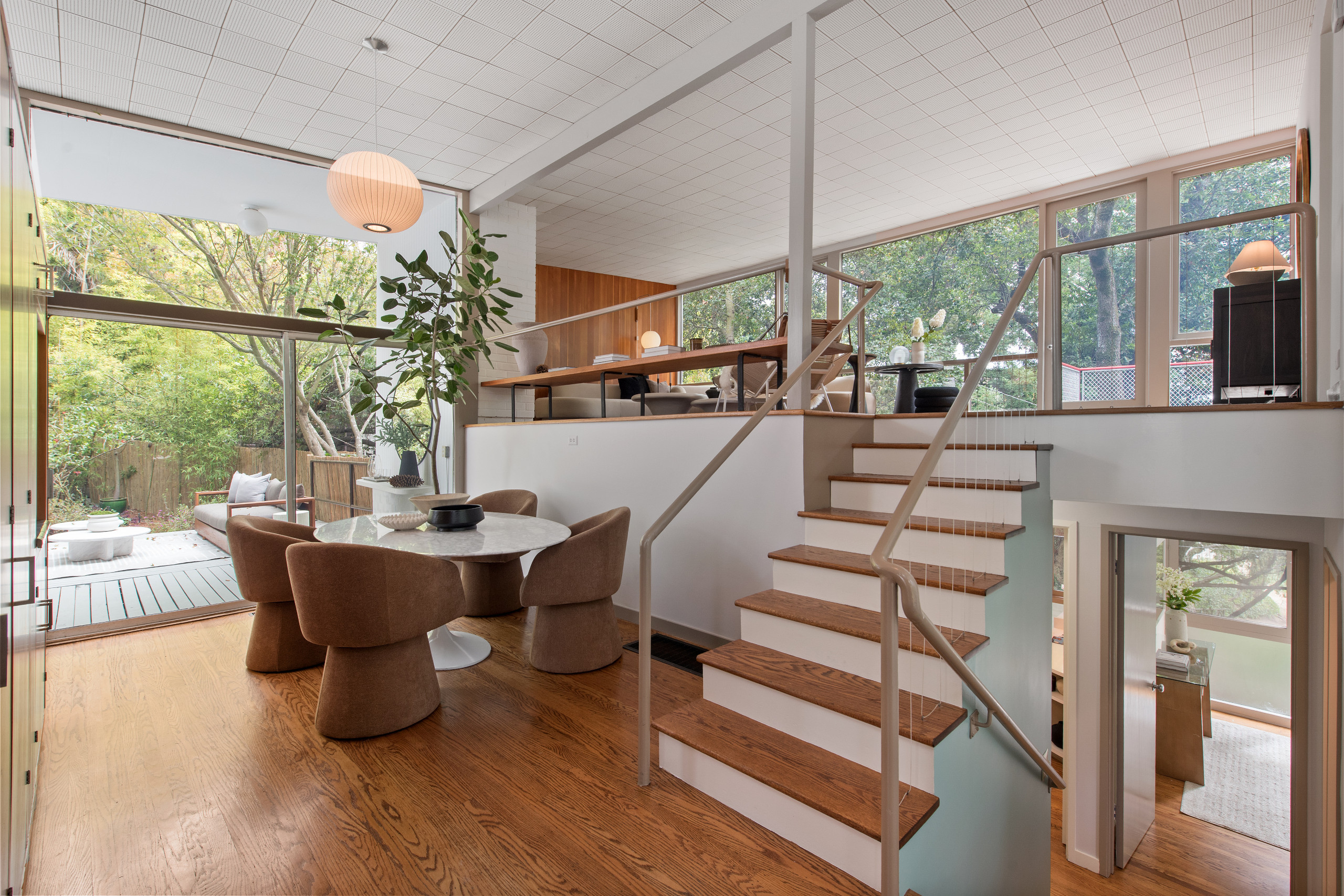 The dining area on the split-level upper floor