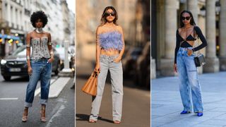 Three women showing how to style boyfriend jeans with an evening top