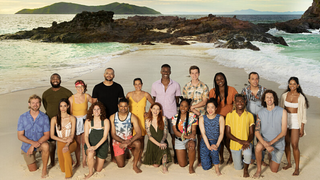 The entire cast of Survivor 46 gathered on a beach, with the sea in the background