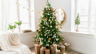 An image of a Christmas tree in a living room surrounded by presents