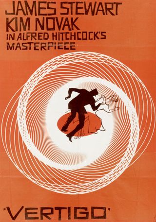 A poster for the movie Vertigo, directed by Alfred Hitchcock for Paramount and starring James Stewart and Kim Novak, 1958.