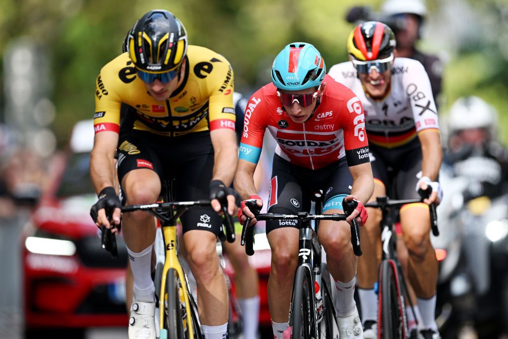 STUTTGART GERMANY AUGUST 28 Matthew Holmes of United Kingdom and Team Lotto Soudal competes in the breakaway during the 37th Deutschland Tour 2022 Stage 4 a 1866km stage from Schiltach to Stuttgart DeineTour on August 28 2022 in Stuttgart Germany Photo by Stuart FranklinGetty Images