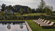 in-ground pool surrounded by grass and lined with six chaise lounge chairs