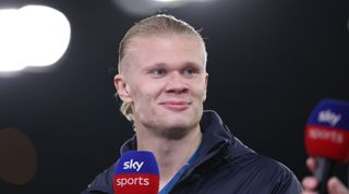 Erling Haaland of Manchester City is interviewed after the Premier League match between Manchester City and Leeds United at the Etihad Stadium on May 3, 2023 in Manchester, England.