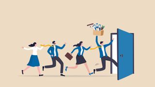 Great Resignation concept art showing four employees gleefully running to an exit with office supplies after quitting.