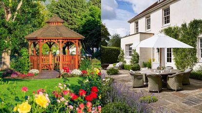 a split panel image demonstrating gazebo vs patio umbrella: a wooden gazebo in a back yard and a a patio with a patio umbrella and a set of garden furniture, a round table and chairs.