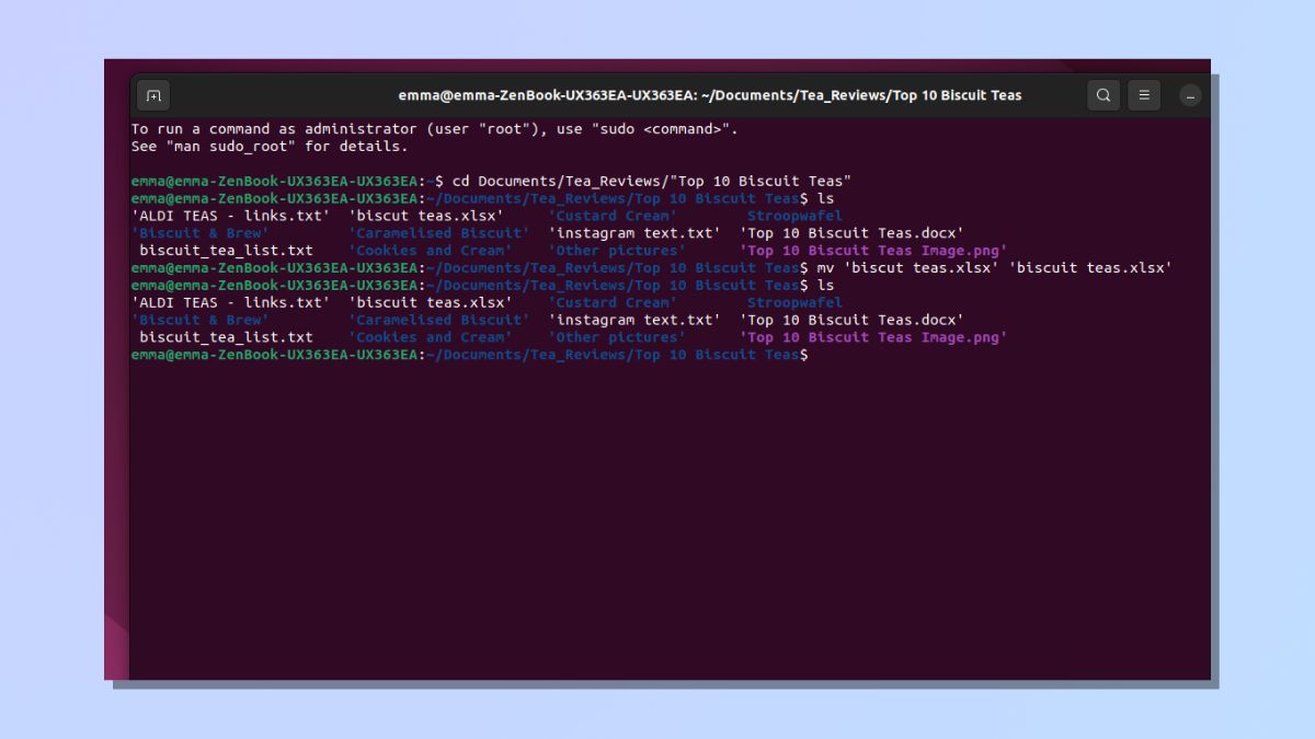 Снимок экрана, показывающий, как переименовать файл в Linux — команда mv в интерфейсе командной строки