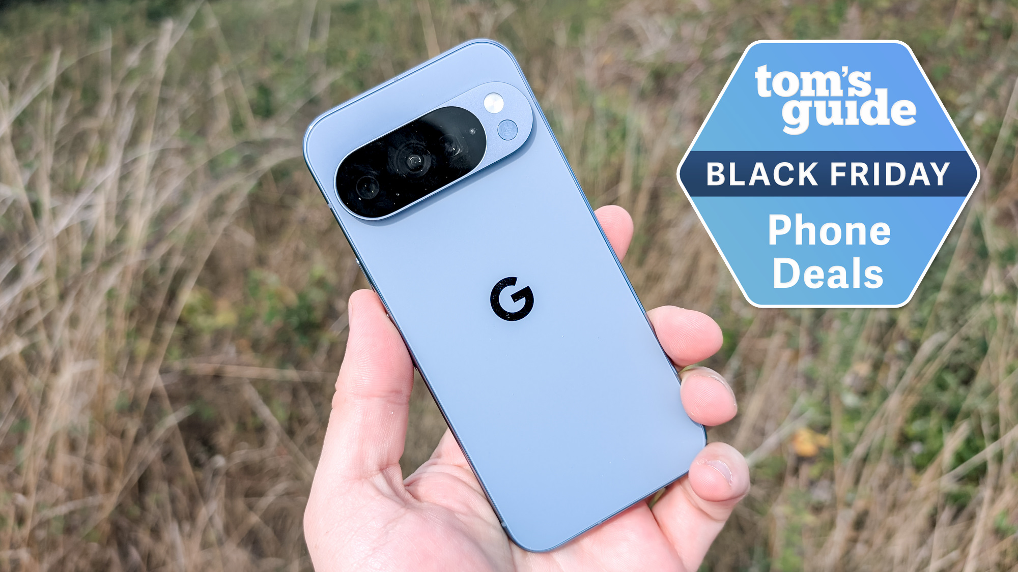 Pixel 10 Pro held in the hand with Black Friday badge nearby.