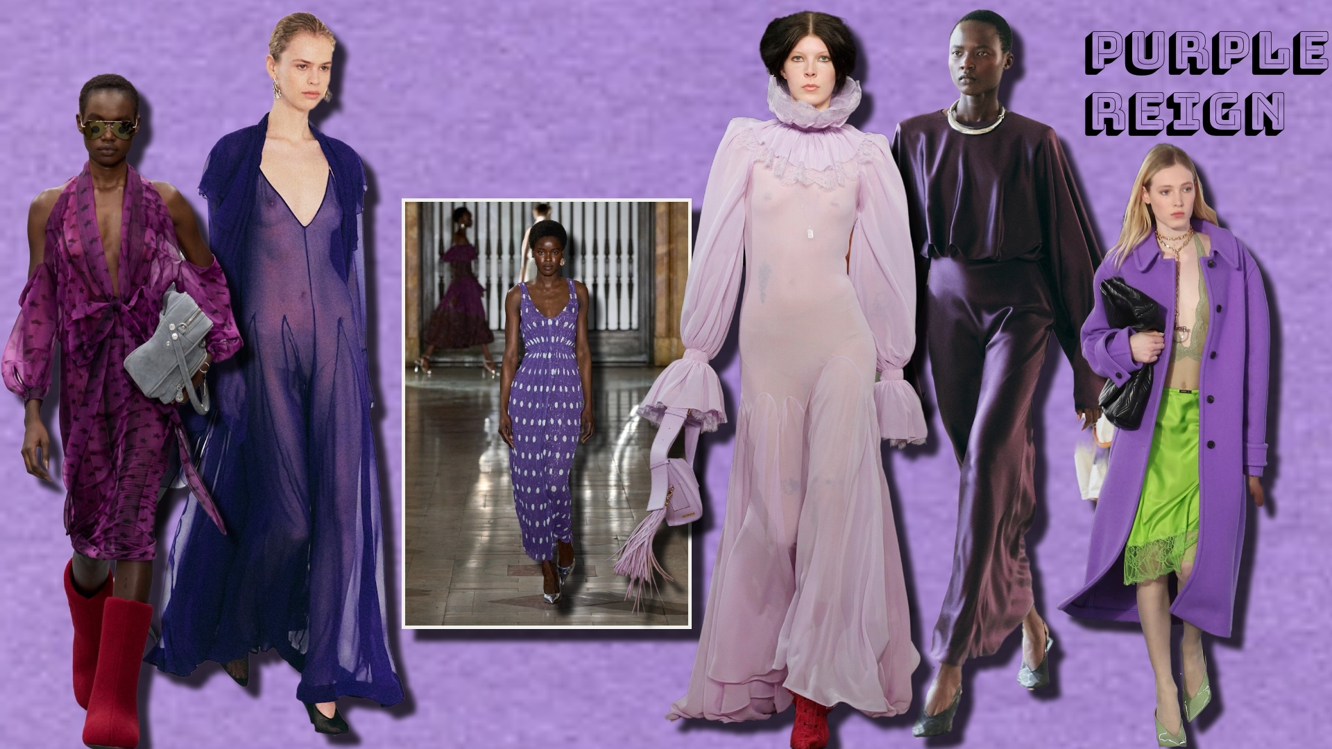 Runway shots of a models showcasing Fall 2025’s purple trend.