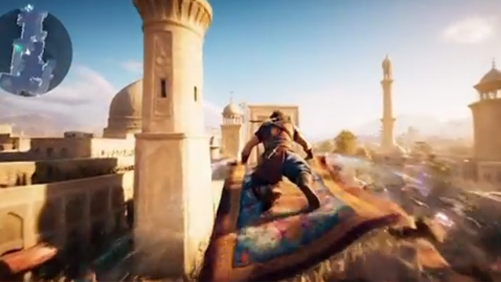 Image from an AI-generated video of an imaginary video game showing a man travelling on a flying carpet through a city