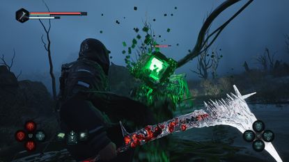 A boxy green cubey enemy attacks Remi in Hell is Us
