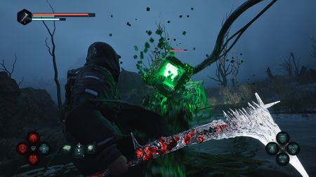 A boxy green cubey enemy attacks Remi in Hell is Us