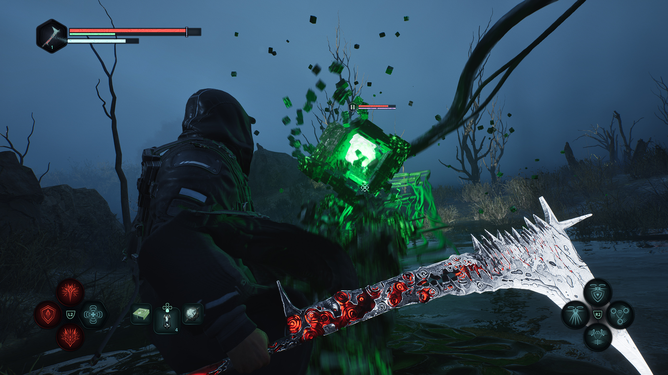 A boxy green cubey enemy attacks Remi in Hell is Us