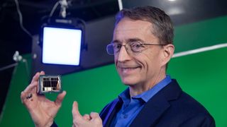 Intel CEO Pat Gelsinger holding a Ponte Vecchio graphics chip