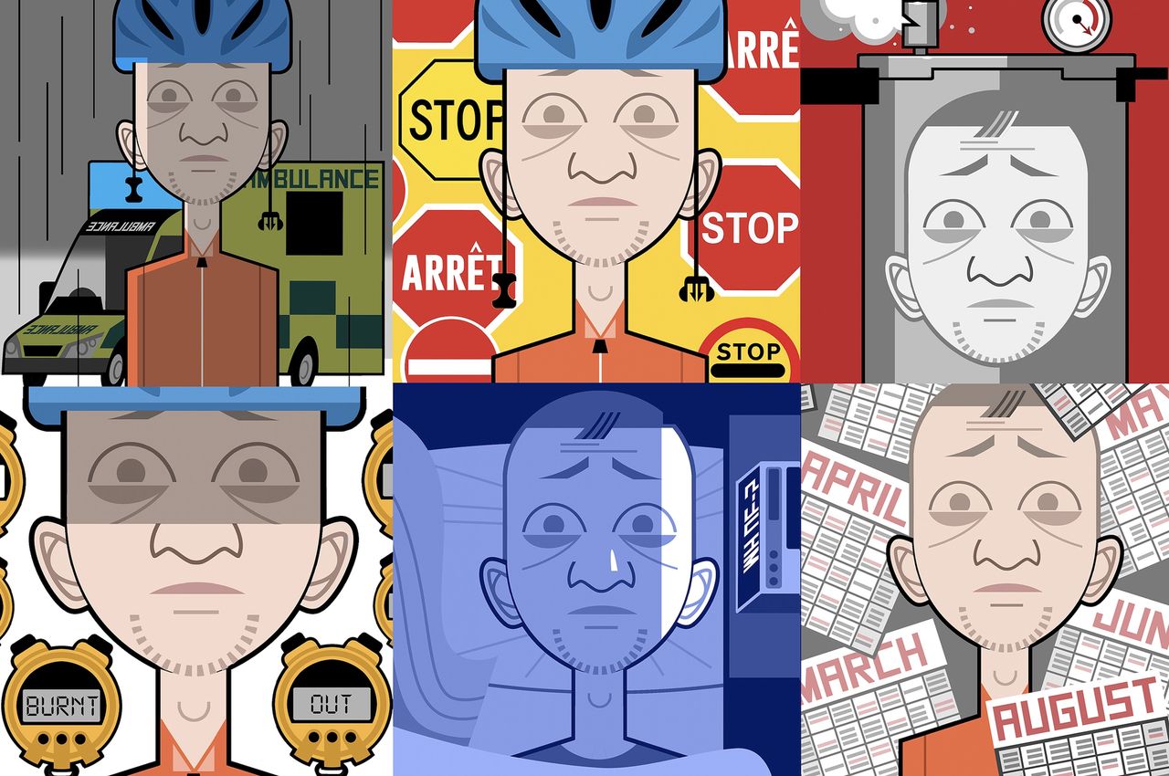 An illustration of cartoon faces looking weary, showing signs of burnout
