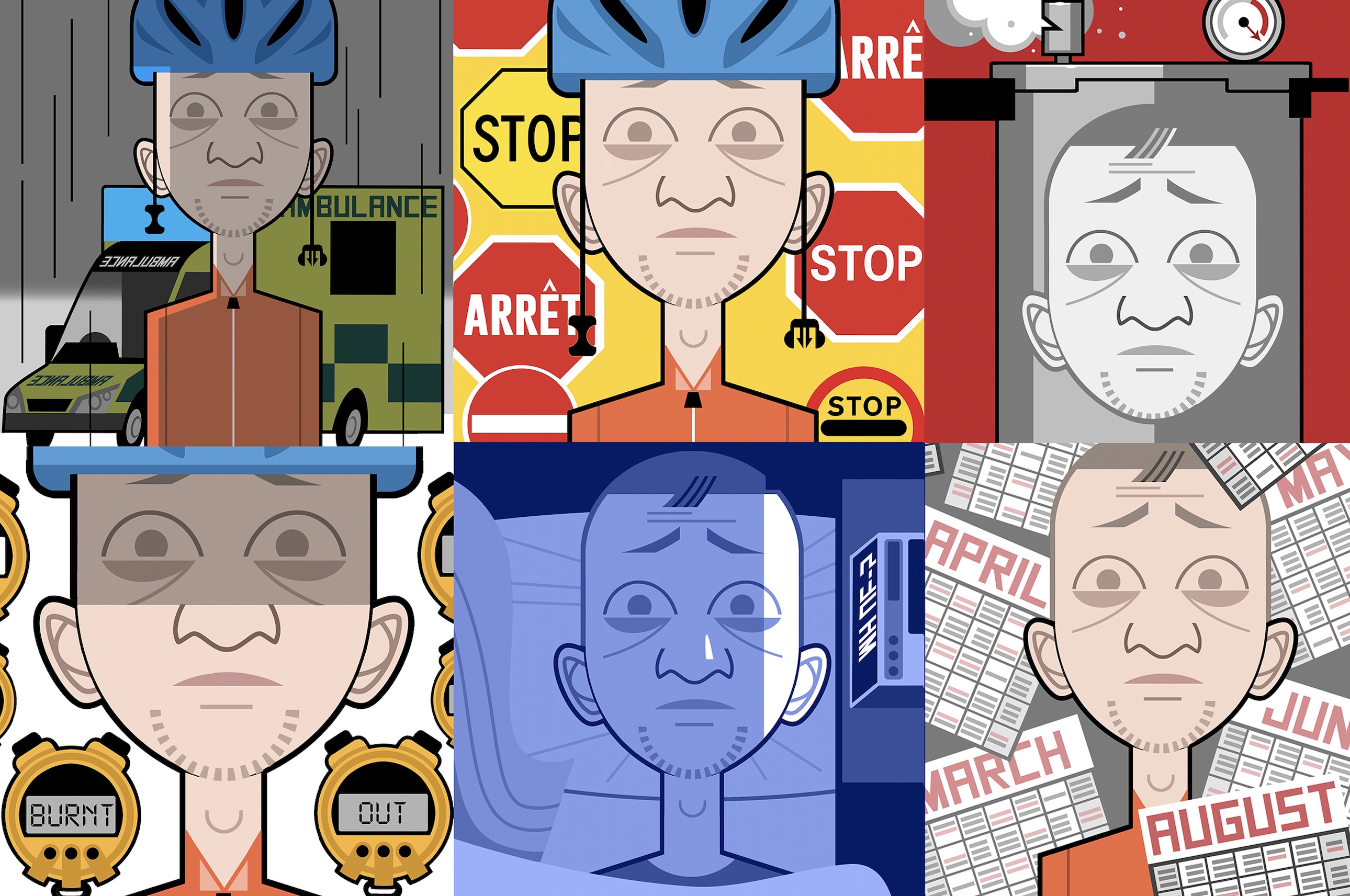 An illustration of cartoon faces looking weary, showing signs of burnout