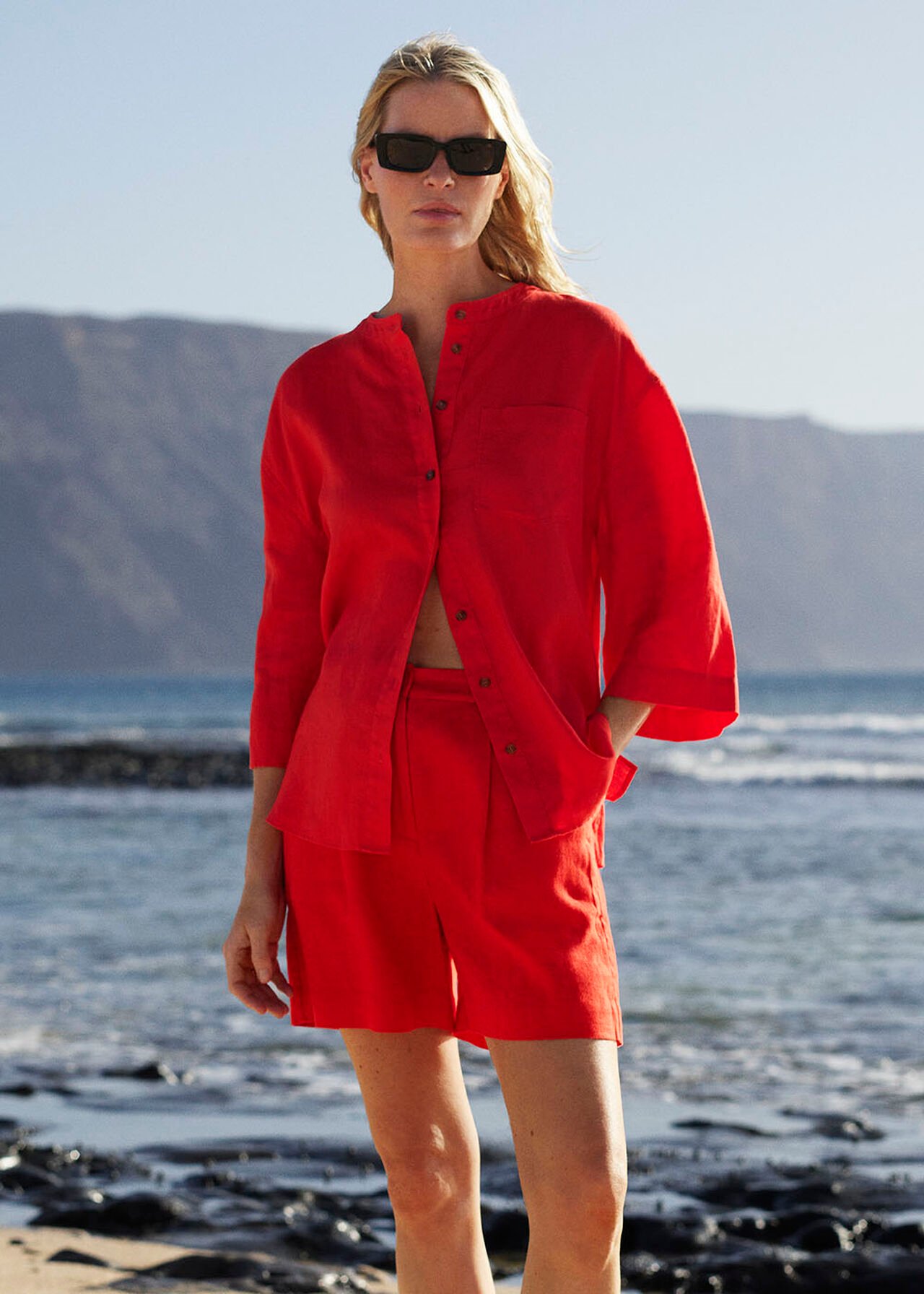 Red Linen Grandad Collar Shirt