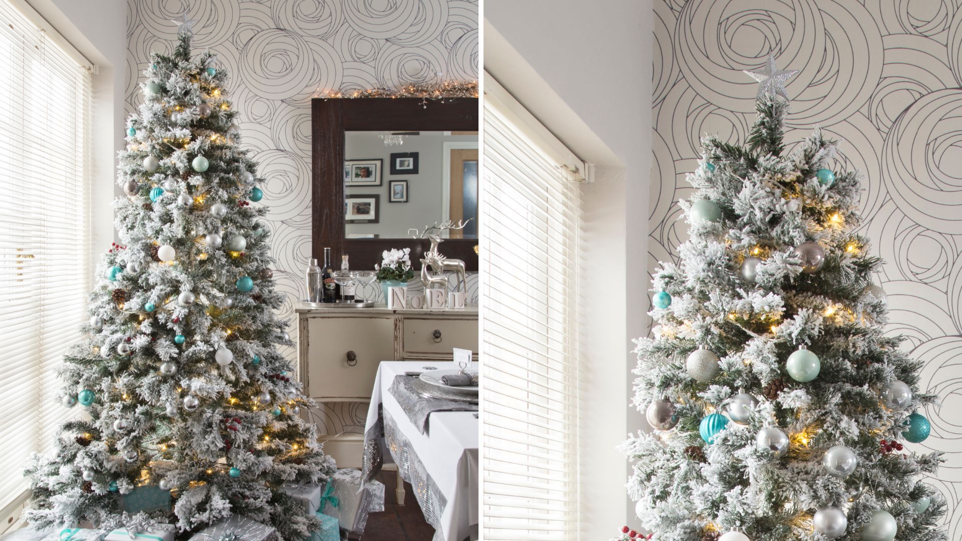 Snowy Christmas tree with understated Christmas tree topper idea