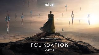 promotional art for 'foundation' season 2, showing a character in a dress on a mountaintop