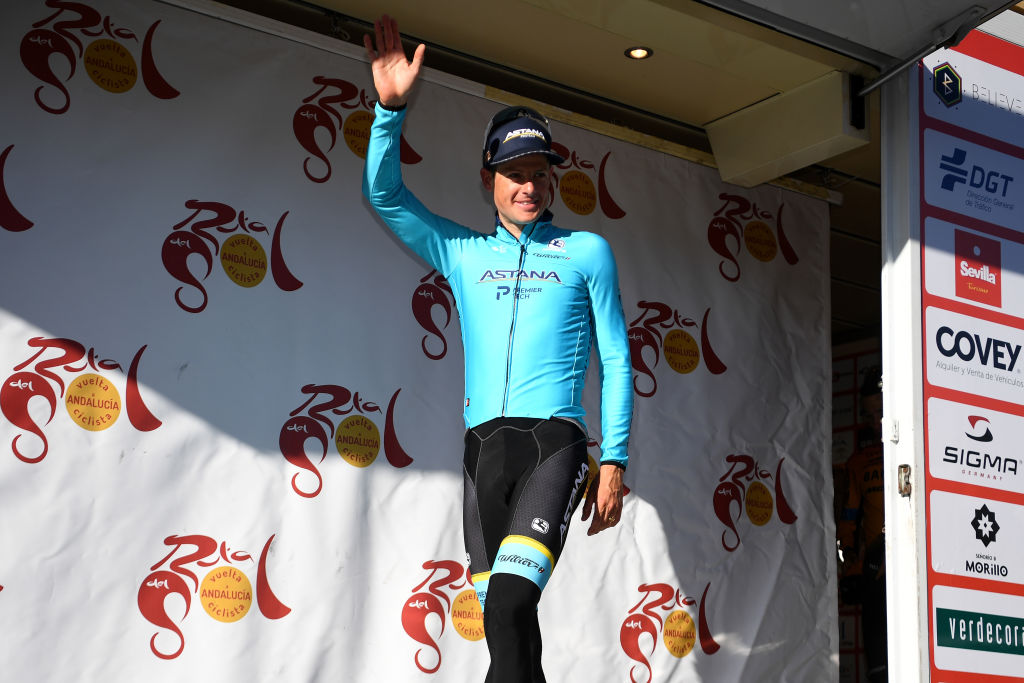 BEDA SPAIN FEBRUARY 21 Podium Jakob Fuglsang of Denmark and Astana Pro Team Celebration during the 66th Vuelta a Andaluca Ruta del Sol 2020 Stage 3 a 1769km stage from Jan to beda 727m VCANDALUCIA UCIProSeries on February 21 2020 in beda Spain Photo by David RamosGetty Images