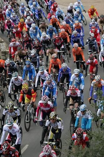 Orange jerseys punctuate the peloton.