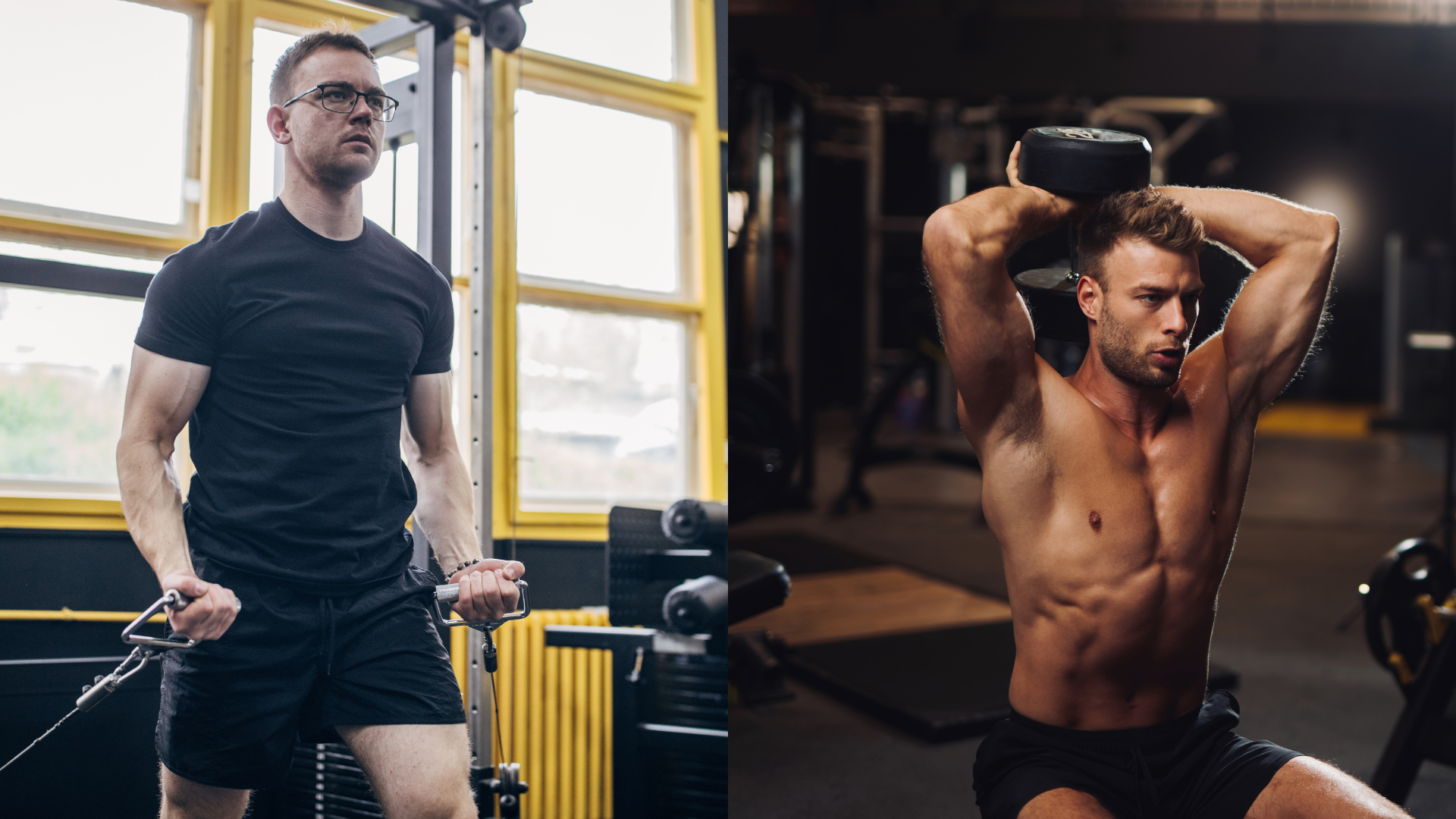 A man performing bayesian curls and a man doing a dumbbell tricep extension