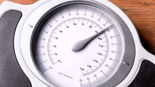 close up of an analog bathroom scale on a light wood floor