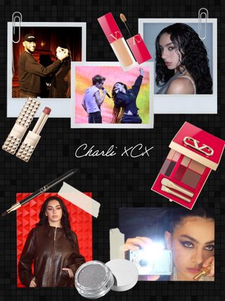 Collage of Charli XCX with makeup products