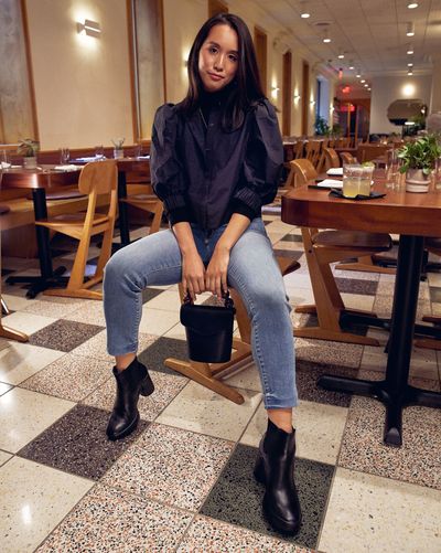 Lighting, Brown, Jeans, Textile, Outerwear, Table, Denim, Furniture, Sitting, Leather,
